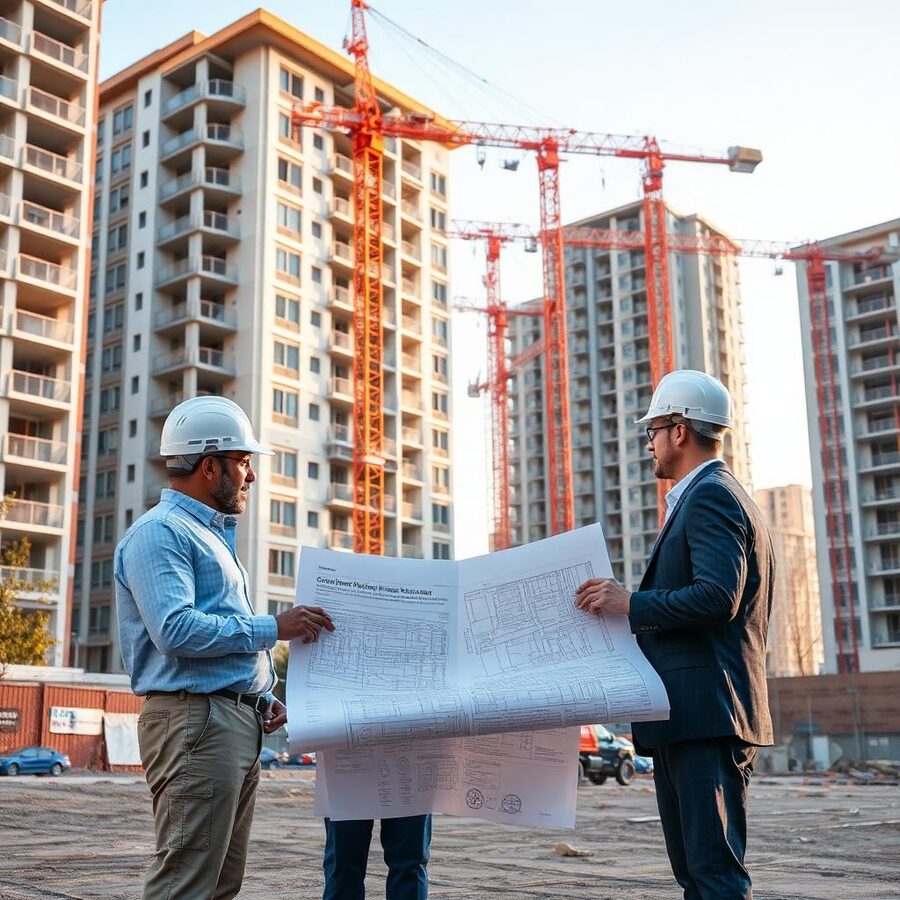 Proyecto en construcción con equipo revisando planos